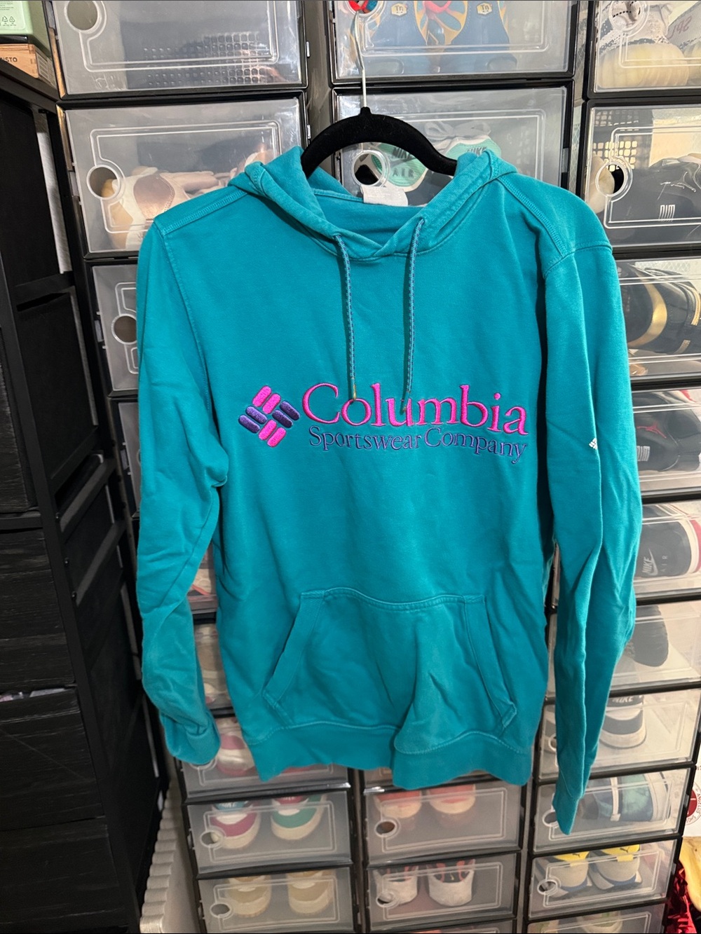 Columbia Teal Hoodie with Pink Logo Embroidery